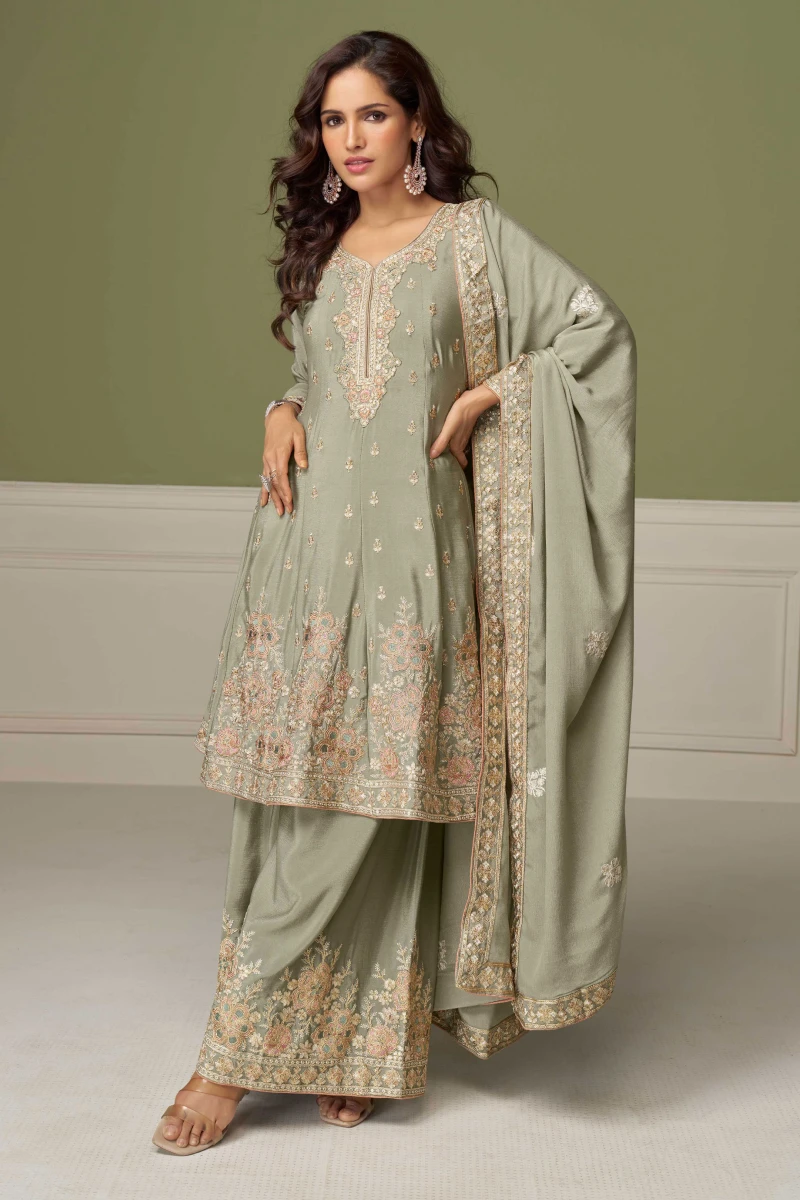 Dusty Green Chinnon Silk Embroidered Anarkali Palazzo Suit with Dupatta