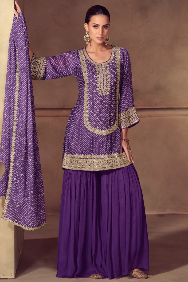Purple Chinon Palazzo Suit with Zari Embroidery
