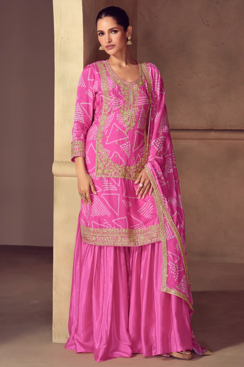 Pink Chinon Palazzo Suit with Mirror & Zari Work