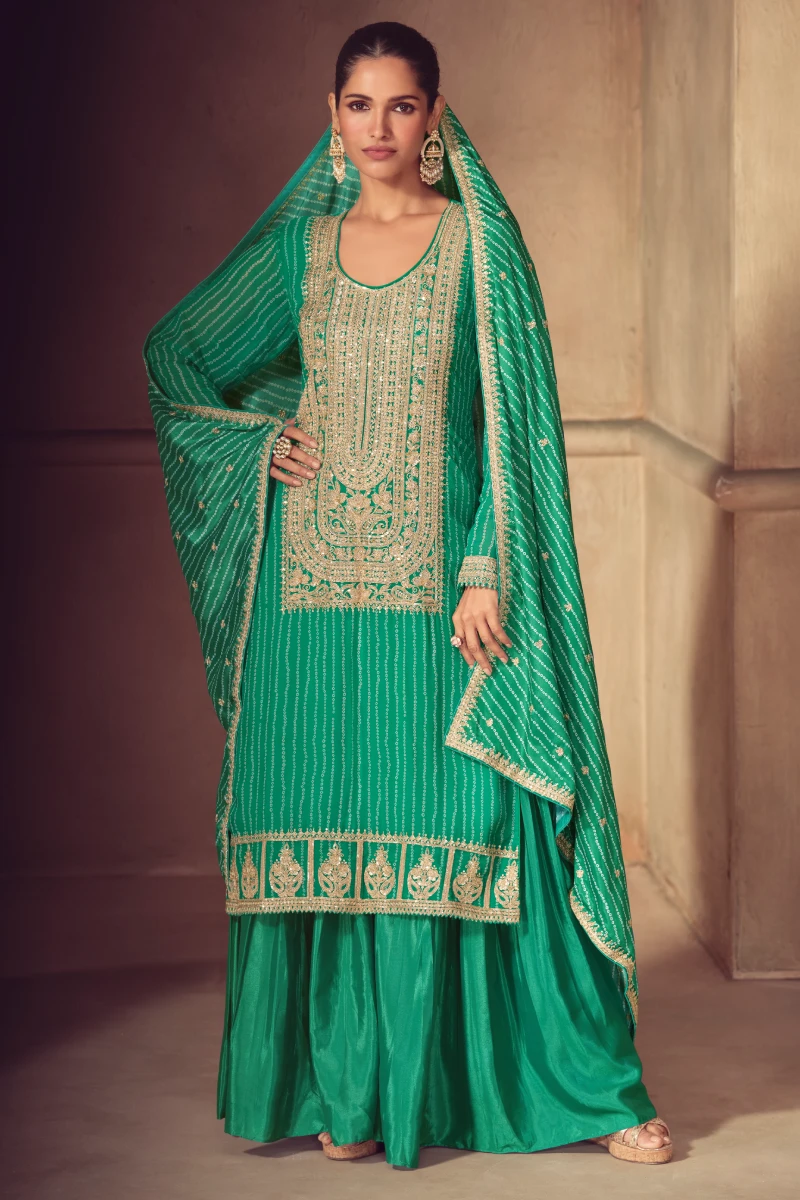 Green Chinon Palazzo Suit with Sequin & Mirror Embellishment