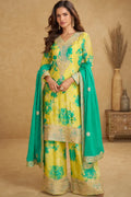 Yellow Chinon Embroidered & Floral Printed Palazzo Suit