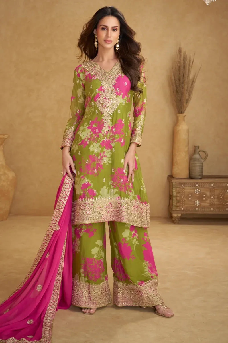 Mehendi Green Chinon Embroidered & Floral Printed Palazzo Suit