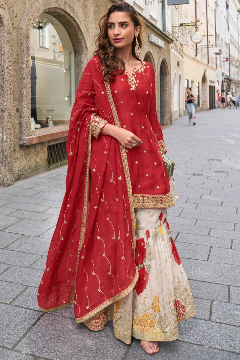 Red Chinon Embroidered Kurta with Cream Sharara