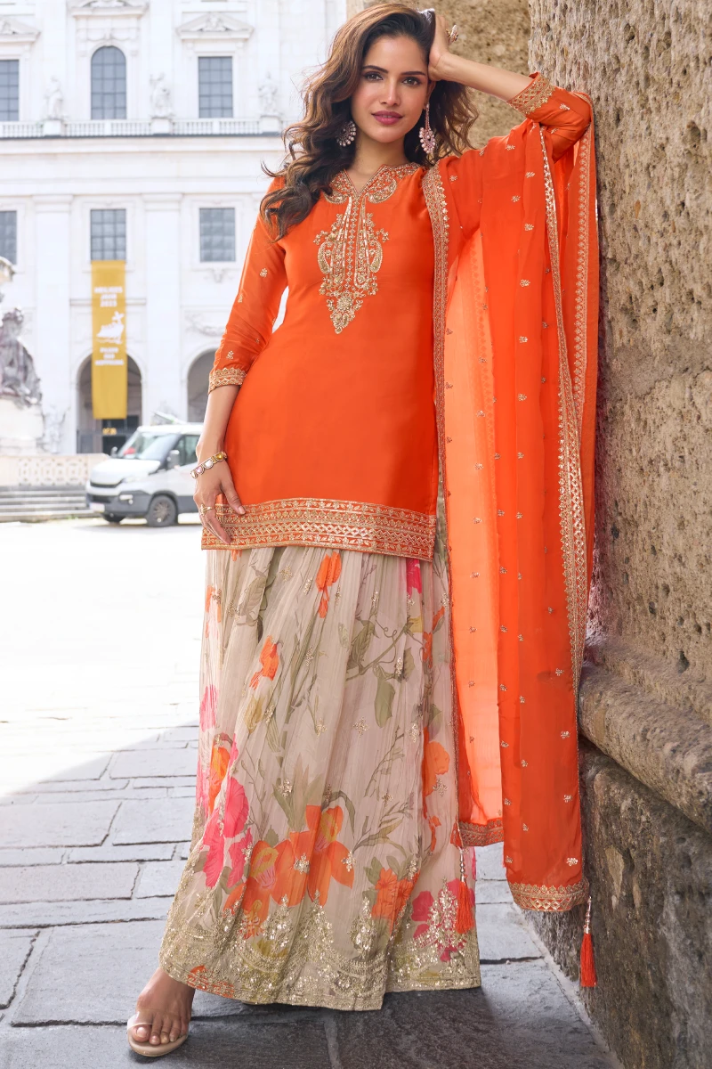 Orange Chinon Embroidered Kurta with Cream Sharara