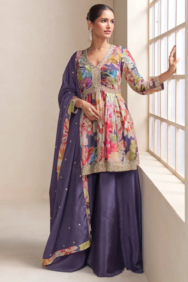Violet Chinon Palazzo Suit with Dupatta