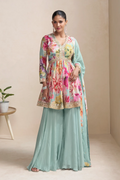 Sea Blue Chinon Palazzo Suit with Dupatta