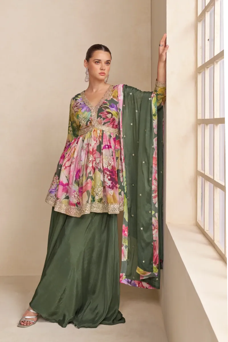 Green Chinon Palazzo Suit with Dupatta