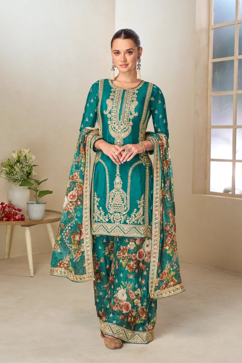 Green Chinon Silk Digital Print Embroidered Palazzo Suit with Dupatta
