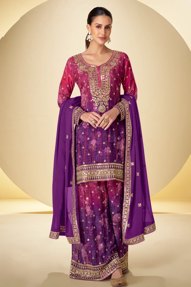 Red & Purple Mix Chinon Silk Embroidered Palazzo Suit with Dupatta