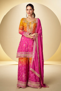 Orange & Pink Mix Chinon Silk Embroidered Palazzo Suit with Dupatta