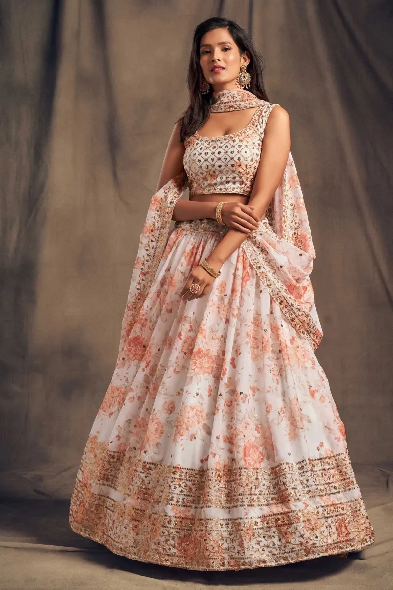 Off White Floral Lehenga with Sequins in Organza