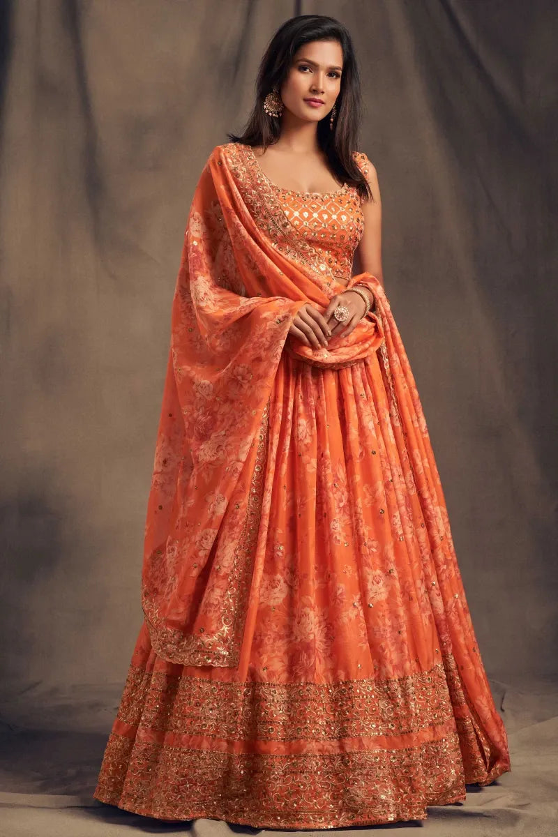 Orange Floral Print Organza Lehenga with Blouse