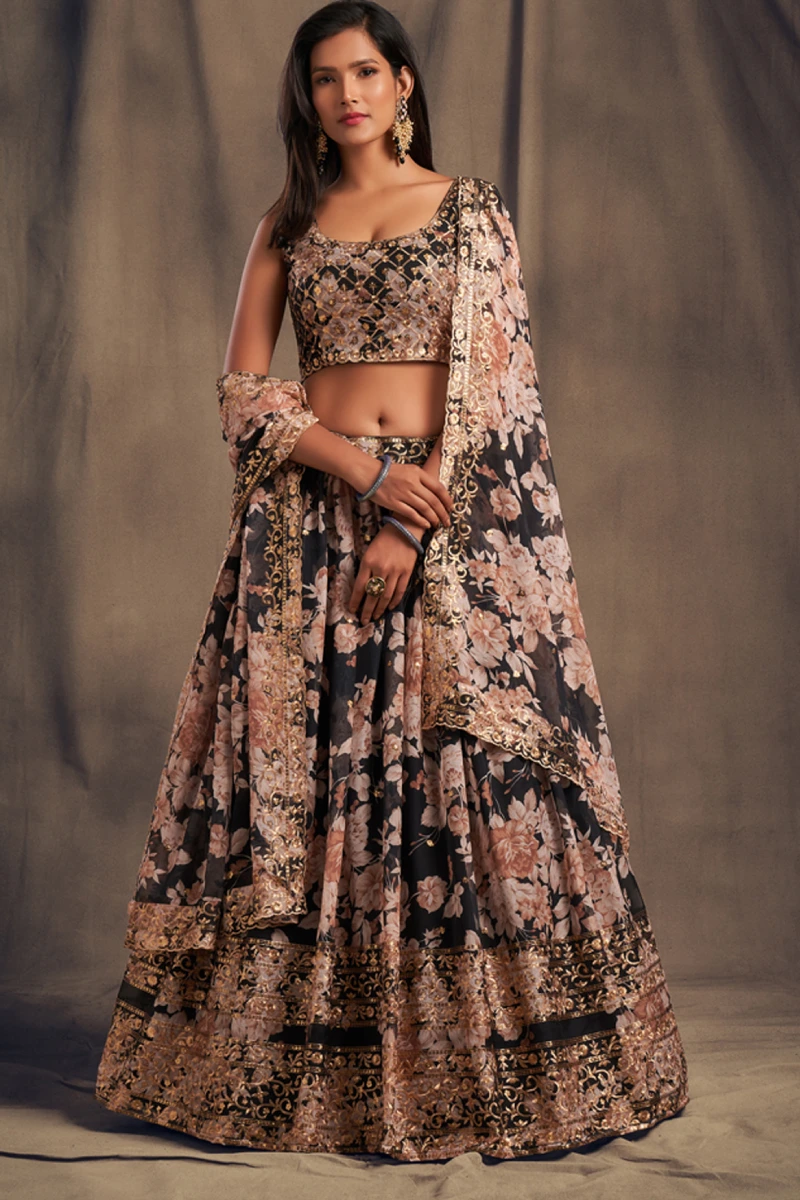 Black Floral Print Organza Lehenga with Blouse