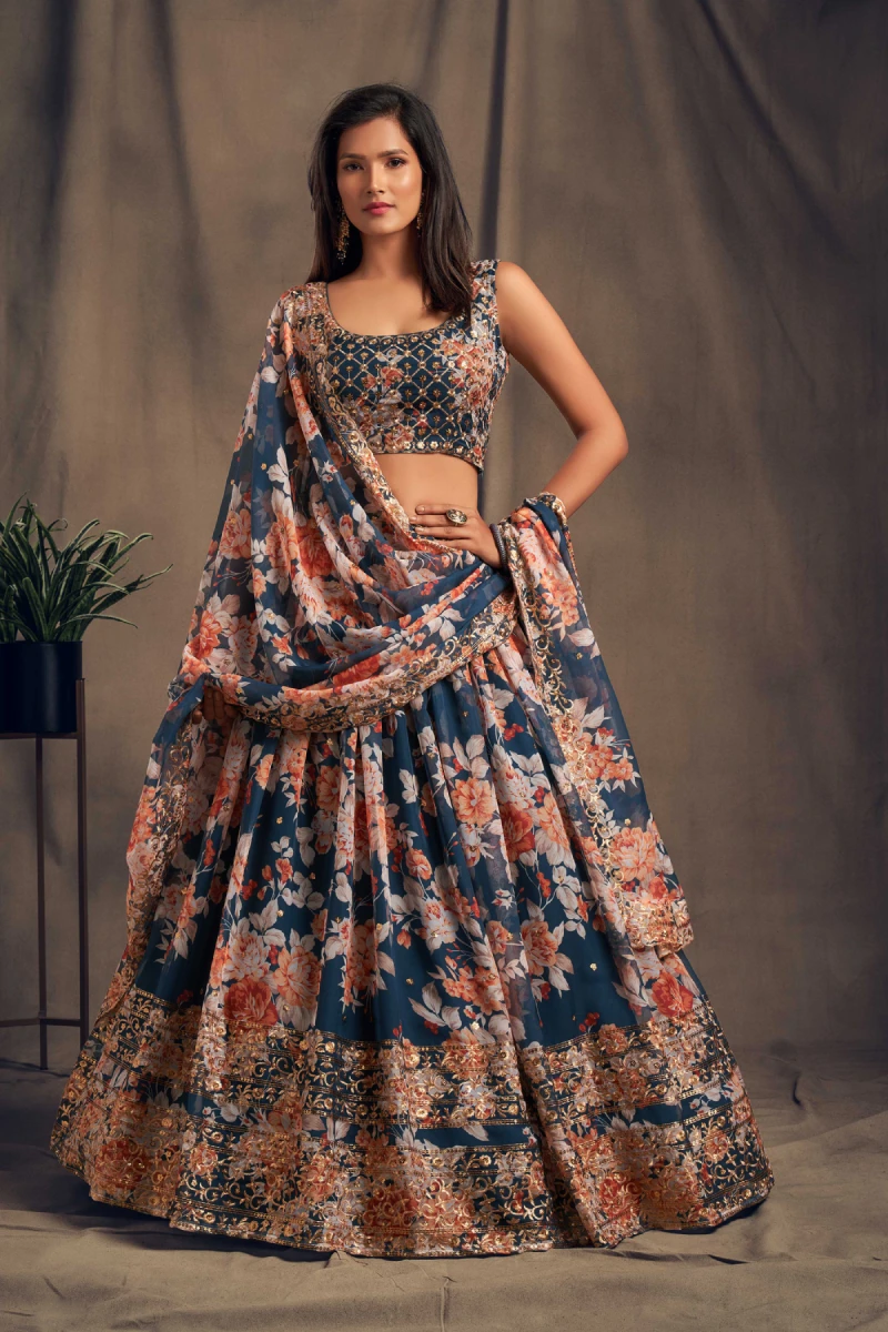 Blue Floral Print Organza Lehenga with Blouse