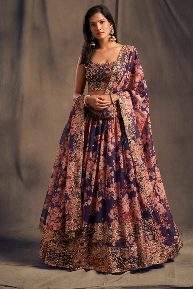 Blue Floral Print Organza Lehenga with Blouse