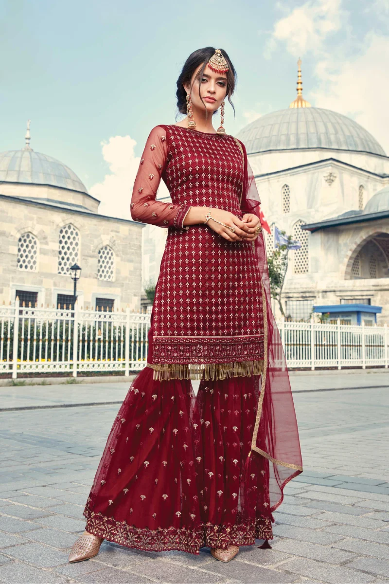 Maroon Net Straight Sharara Suit