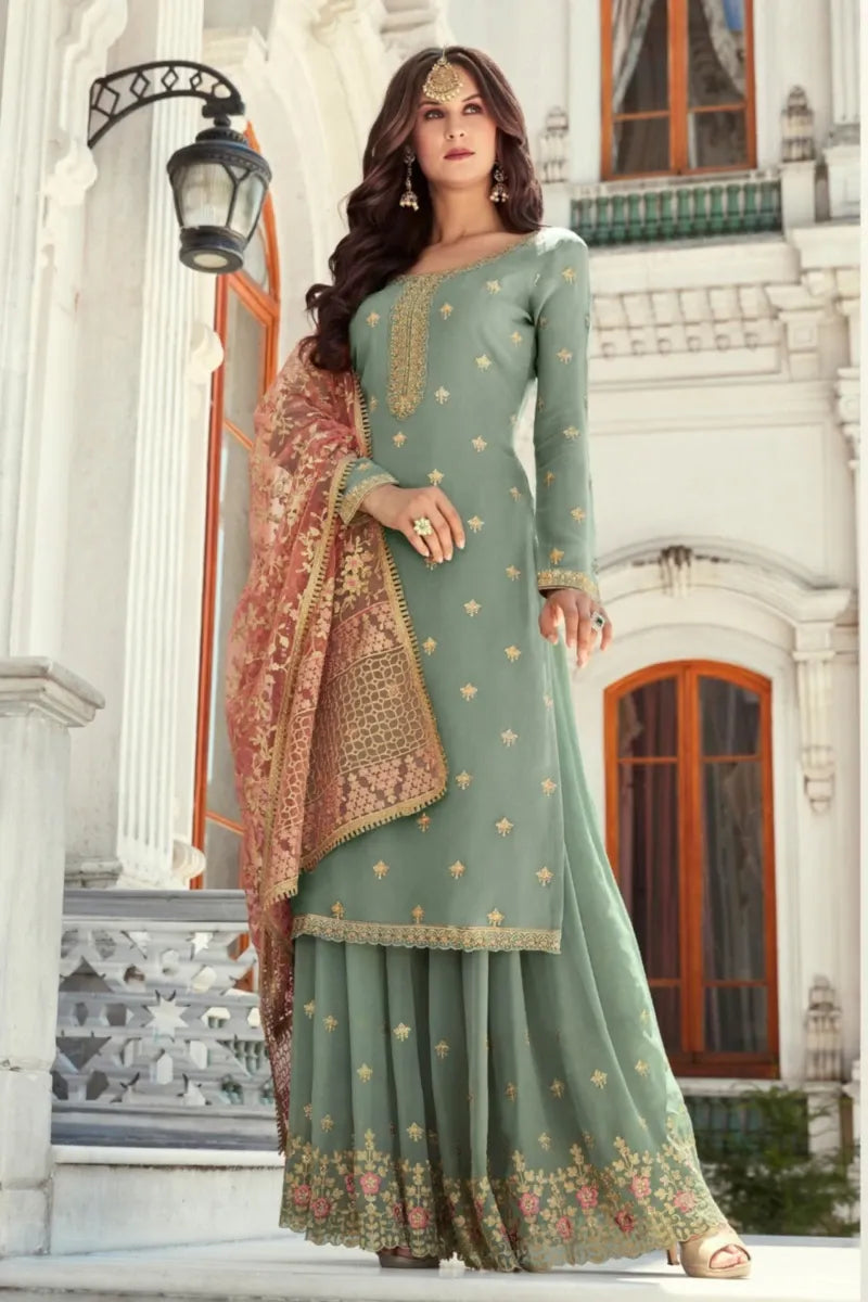 Rose Gold and Blue Straight Suit with Palazzo in Georgette