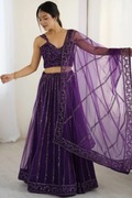 Purple Net Embroidered Lehenga Choli with Dupatta