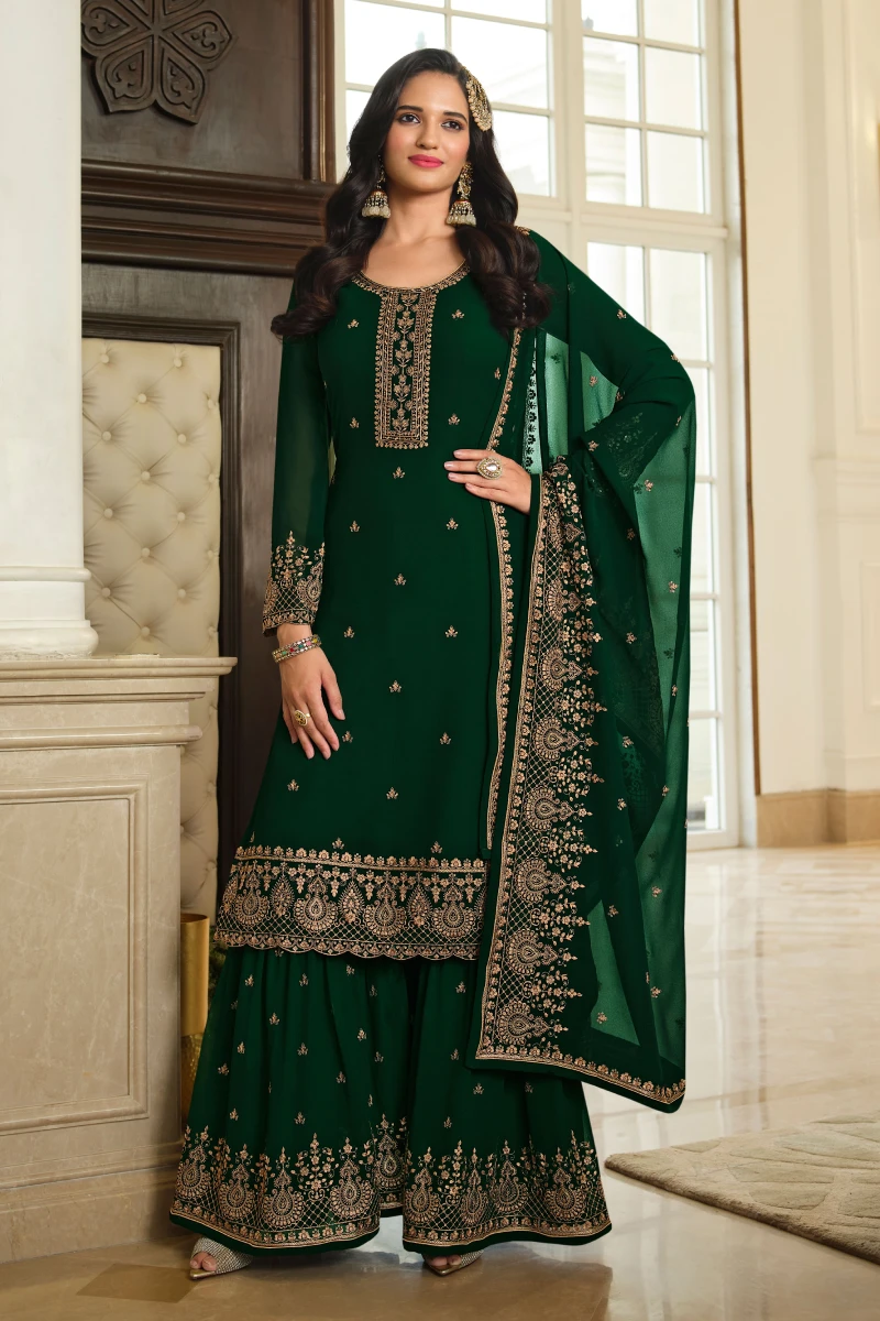 Green Georgette Straight Palazzo Suit