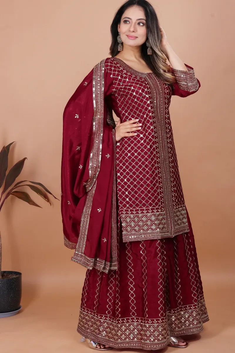 Maroon Chinon Embroidered Palazzo Suit with Dupatta
