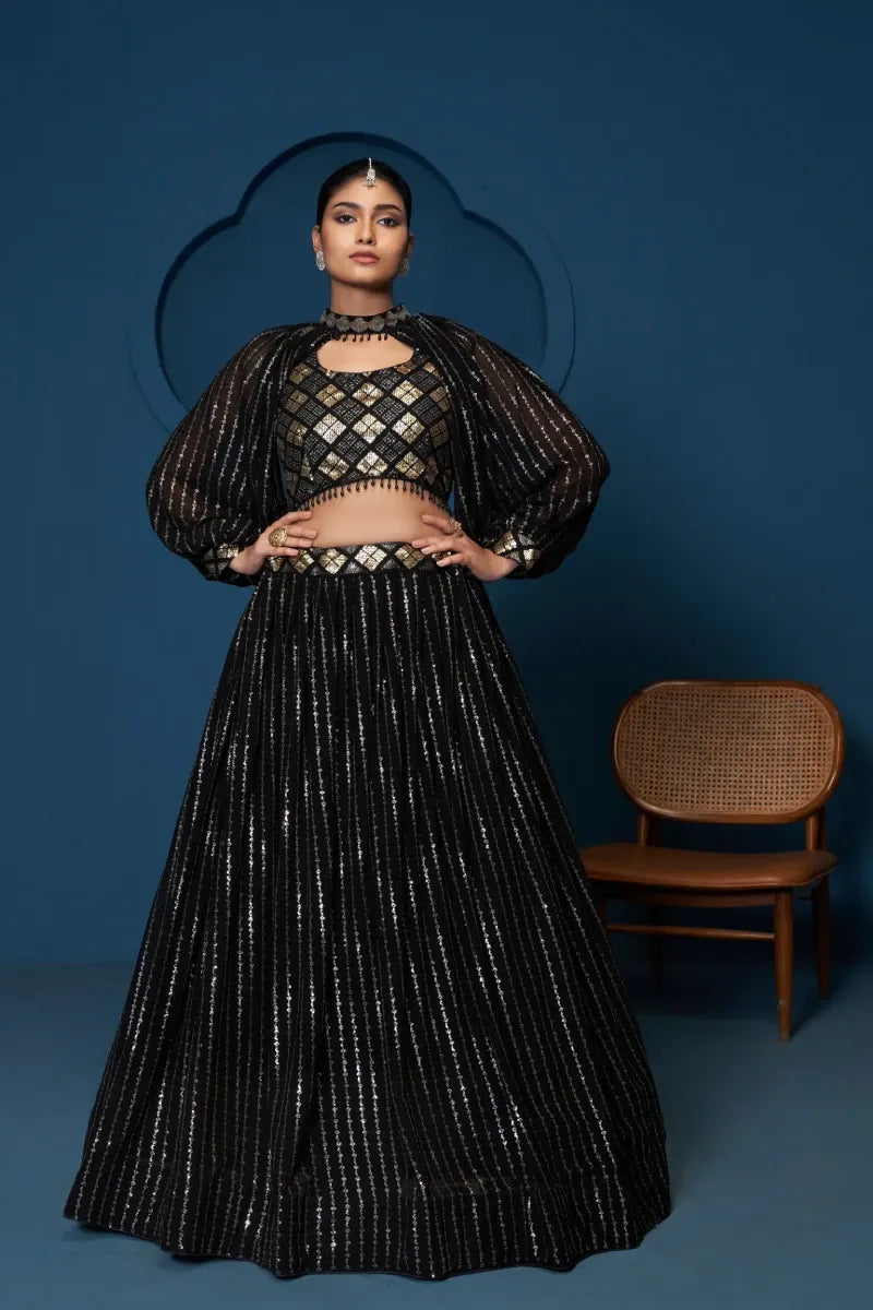 Black Georgette Sequins Lehenga Choli with Cape