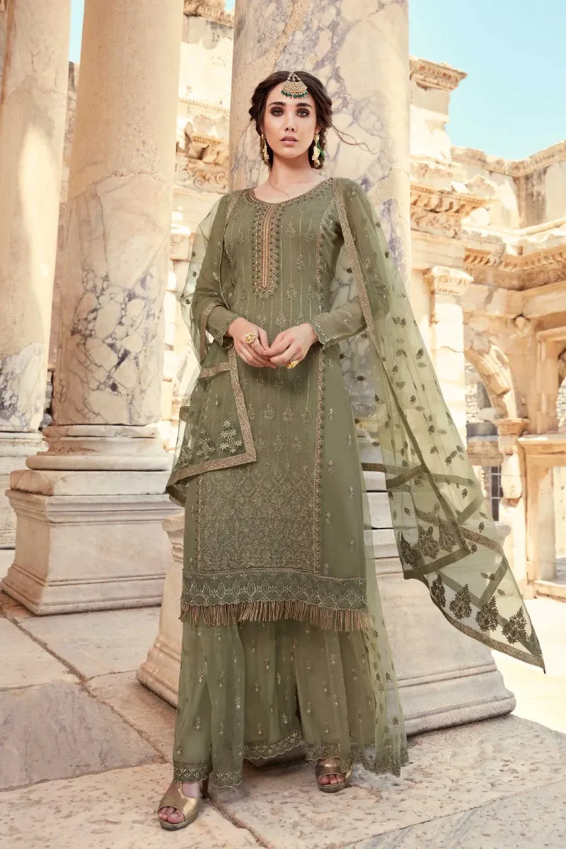 Green Georgette Straight Palazzo Suit