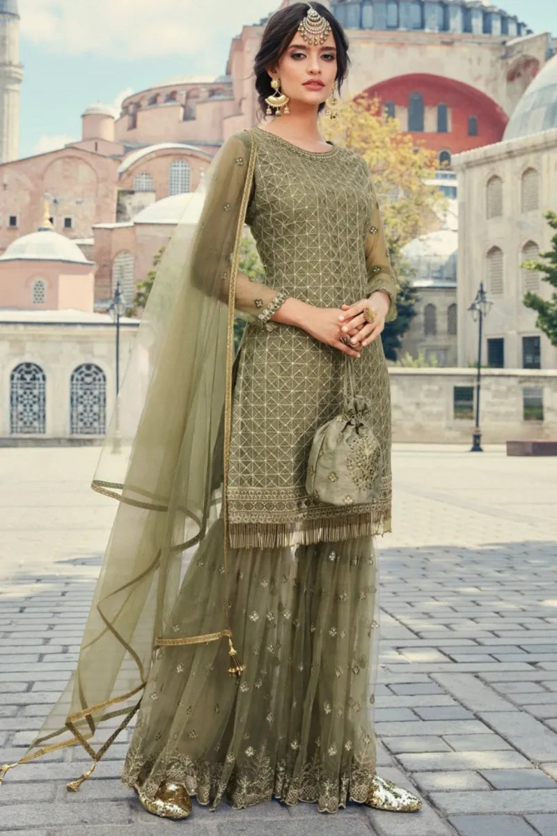 Olive Green Net Sharara Suit
