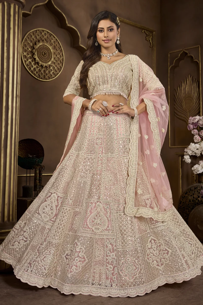 Peach Premium Net Bridal Lehenga Choli with Embroidery and Sequins