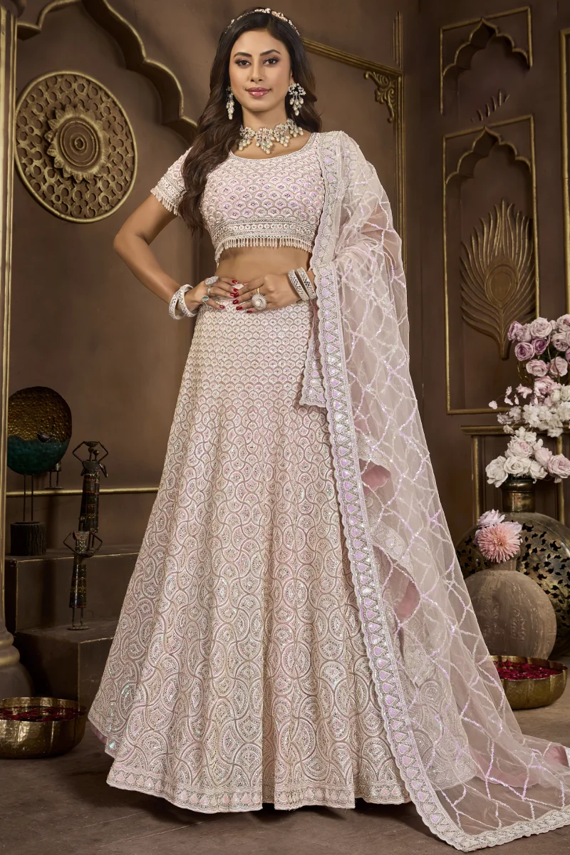 Light Pink Net Bridal Lehenga Choli with Embroidery and Sequins