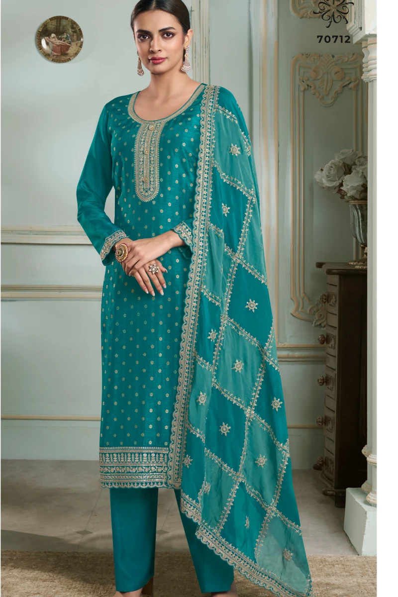 Green Embroidered Salwar Suit in Jacquard