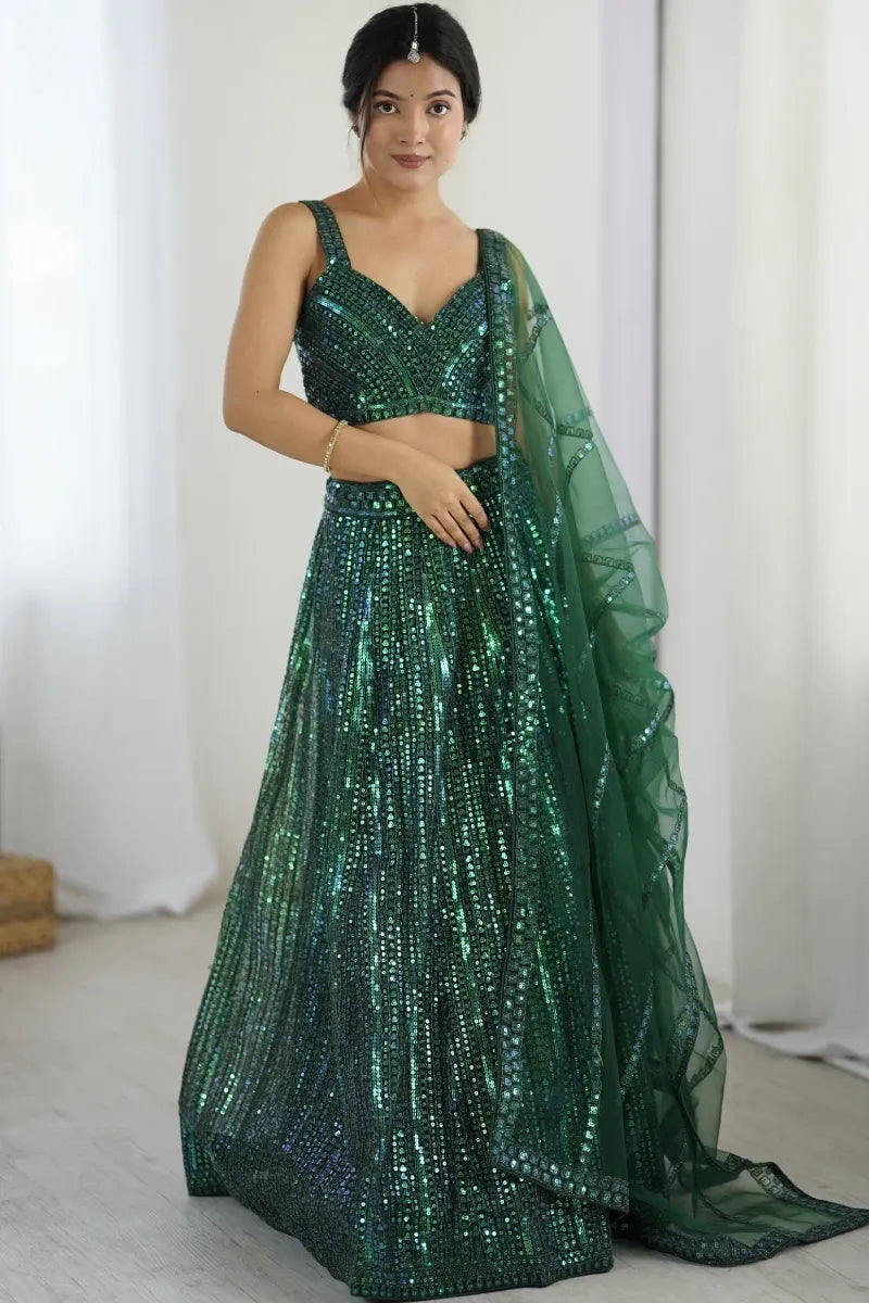 Green Net Embroidered Lehenga Choli with Dupatta