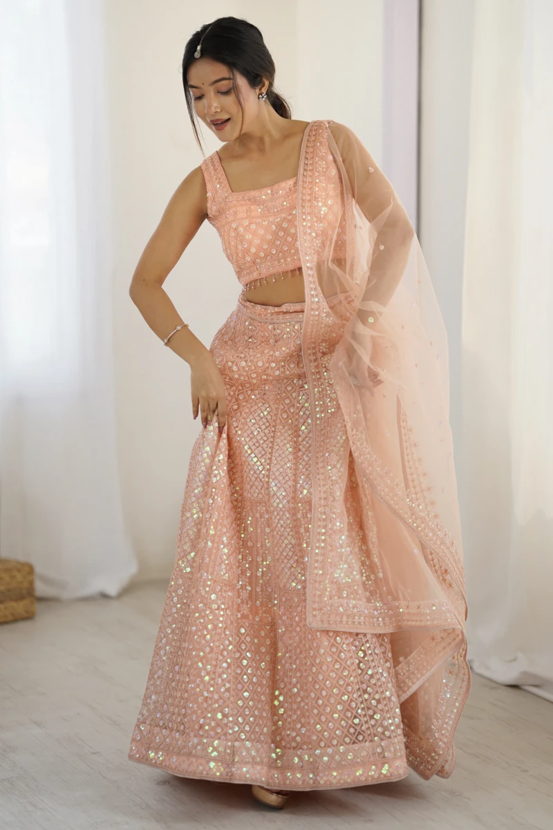 Peach Net Embroidered Lehenga Choli with Dupatta