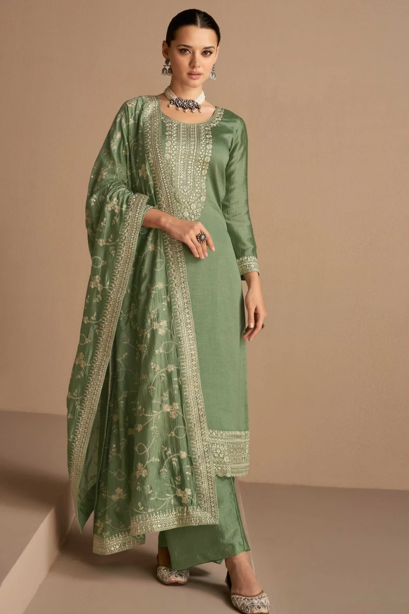 Dusty Green Embroidered Silk Palazzo Suit