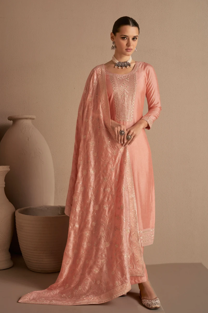 Peach Embroidered Silk Palazzo Suit