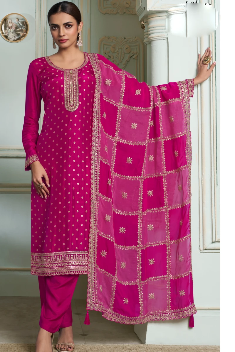 Pink Embroidered Salwar Suit in Jacquard