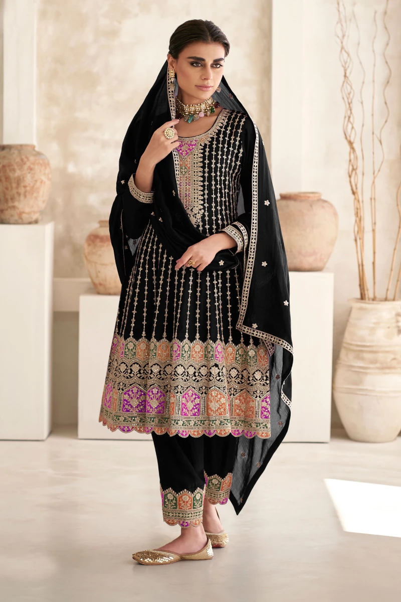 Black Art Silk Anarkali with Pant & Dupatta