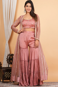 Mauve Sharara with Short Blouse and Net Jacket