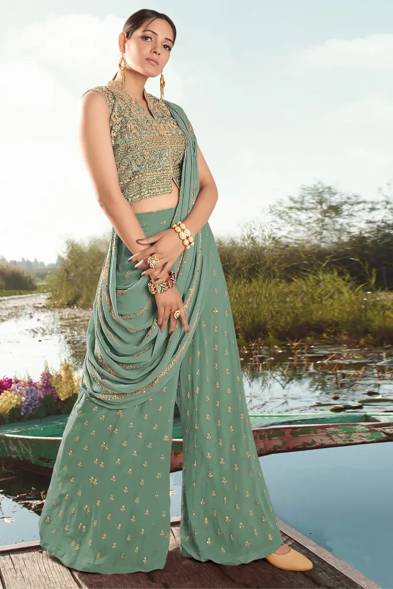 Green Embroidered Georgette Suit with Palazzo