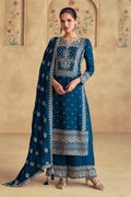 Blue Embroidered Chinon Pant Style Salwar Suit