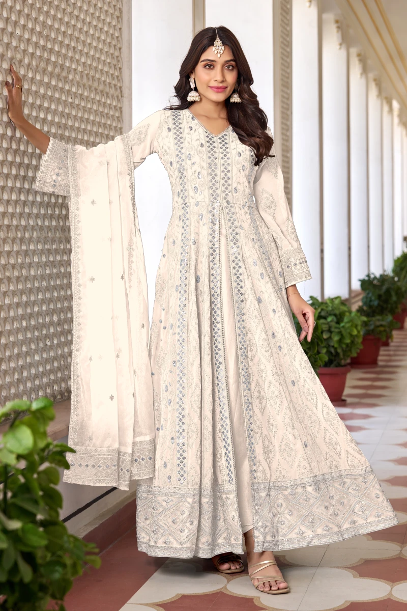 Cream Faux Georgette Embroidered Slit Style Salwar Suit with Dupatta