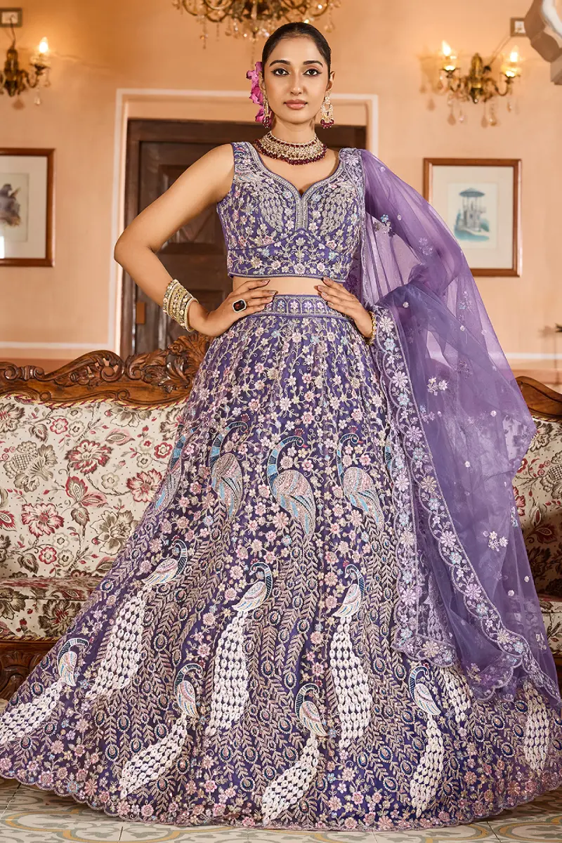 Purple Net Sequins Embroidered Lehenga with Blouse & Dupatta