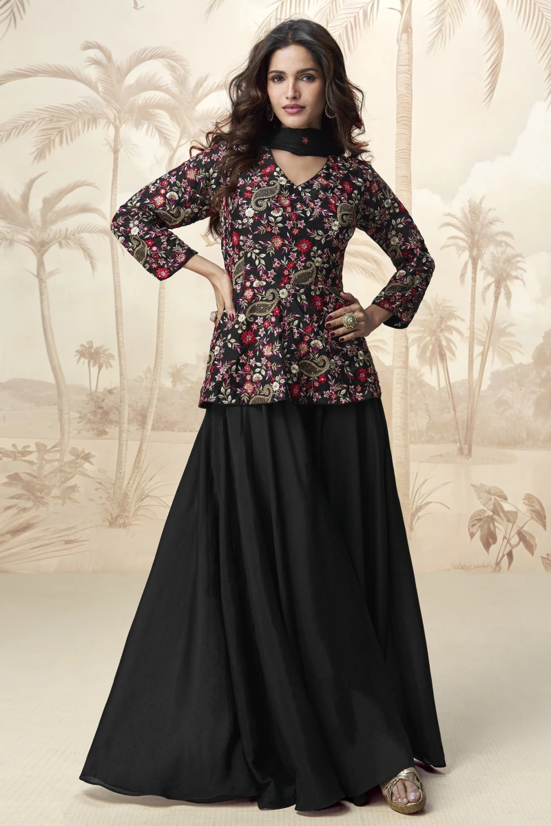 Black Embroidered Chinon V-Neck Palazzo Style Salwar Suit