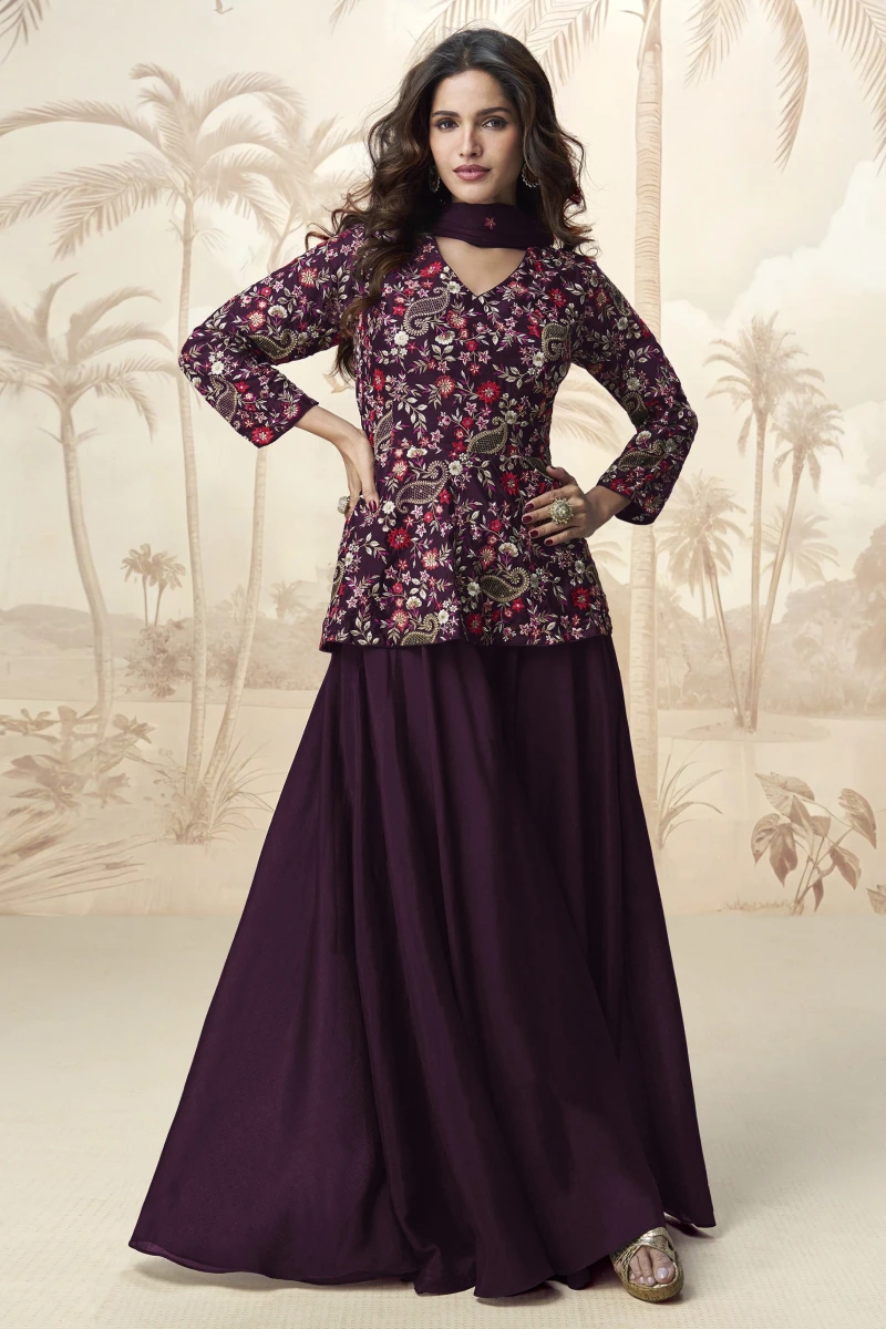 Purple Embroidered Chinon V-Neck Palazzo Style Salwar Suit