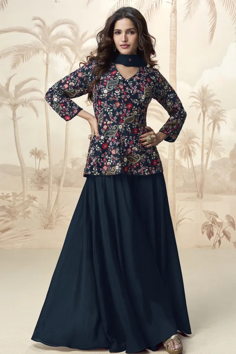 Blue Embroidered Chinon V-Neck Palazzo Style Salwar Suit