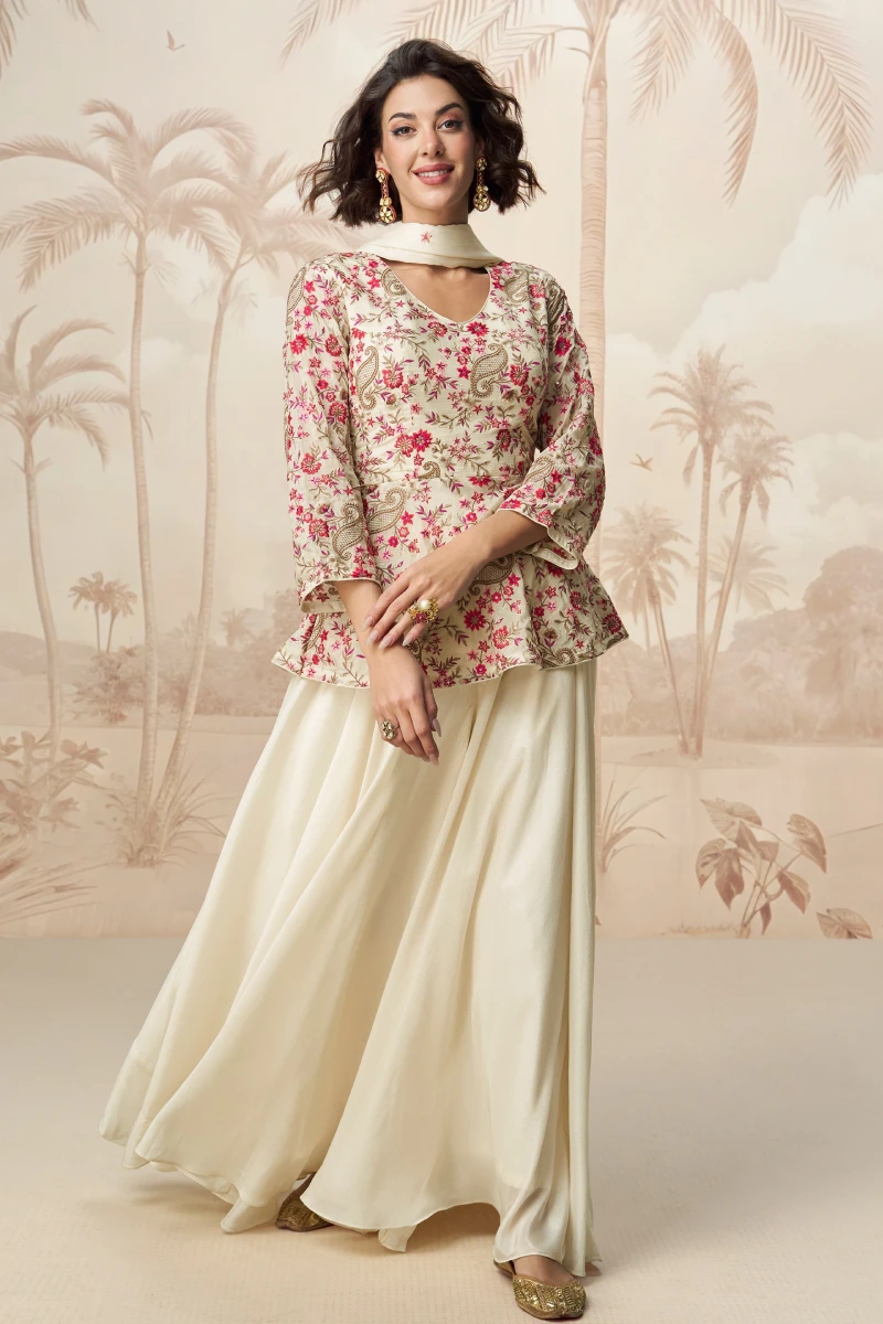 White Embroidered Chinon V-Neck Palazzo Style Salwar Suit