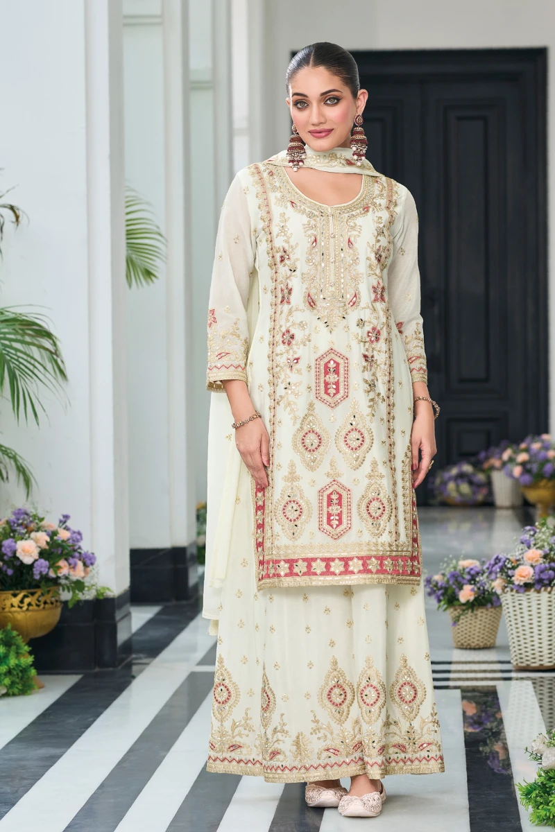 White Embroidered Chinon Palazzo Style Salwar Suit