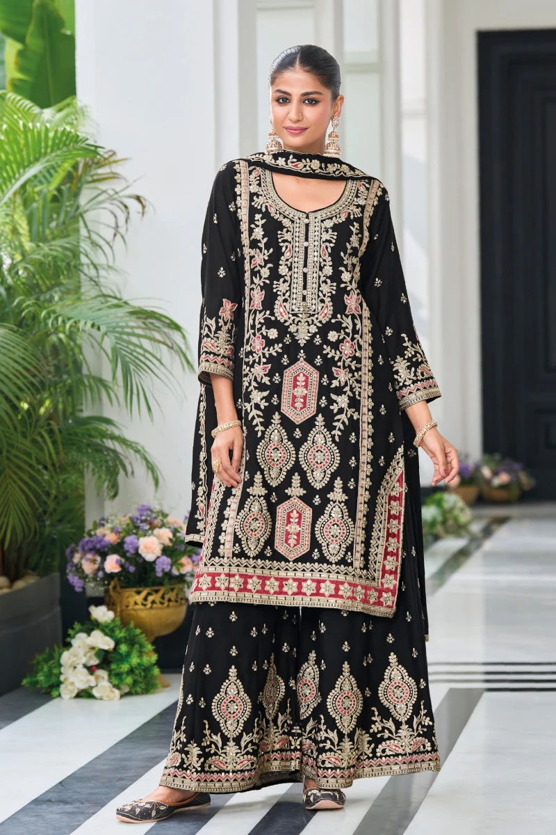 Black Embroidered Chinon Palazzo Style Salwar Suit