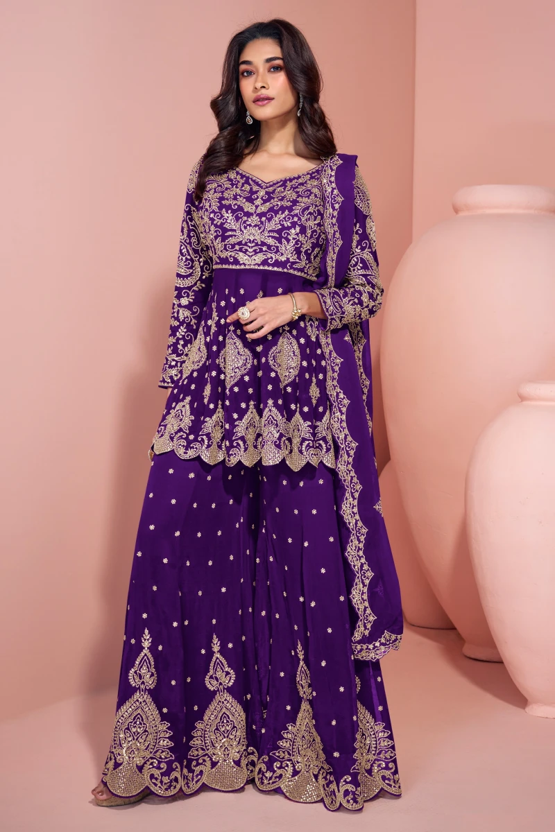 Purple Embroidered Georgette Sharara Suit with Dupatta