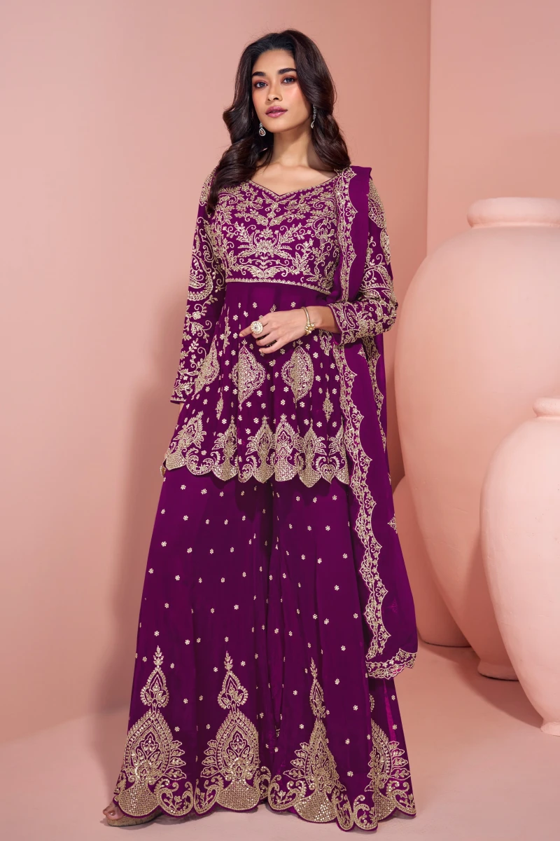Magenta Embroidered Georgette Sharara Suit with Dupatta