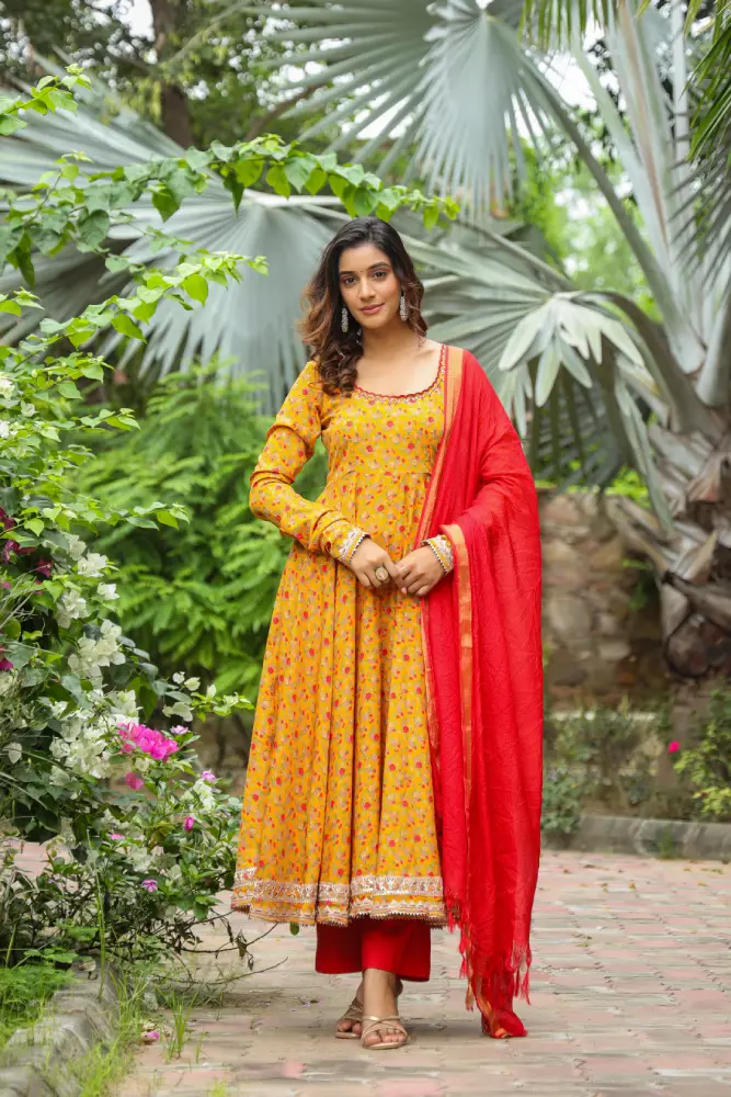 Corn Yellow Anarkali Slik Suite set